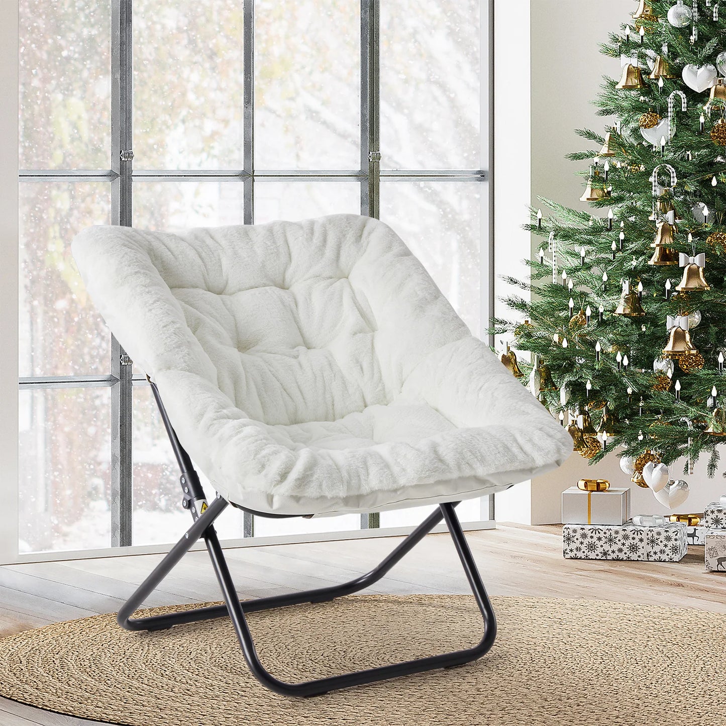 JHK Cozy Saucer Chair With Faux Fur Padded Seat And Metal Frame