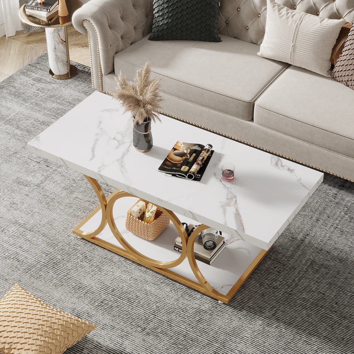 Tribesigns Rectangle Coffee Table Modern Living Room Two Tier Faux Marble Wood