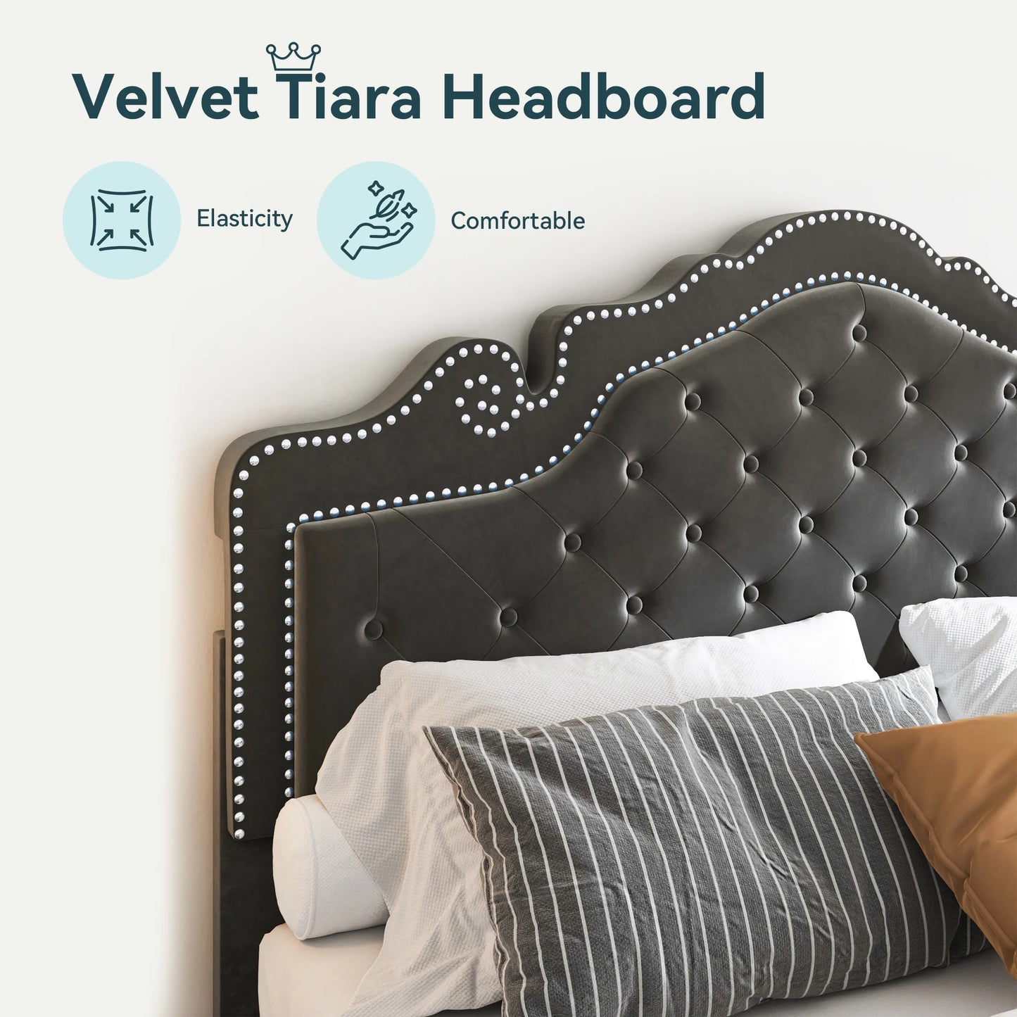 HOOMIC Velvet Bed Frame With Adjustable Tiara Headboard And Diamond Tufting