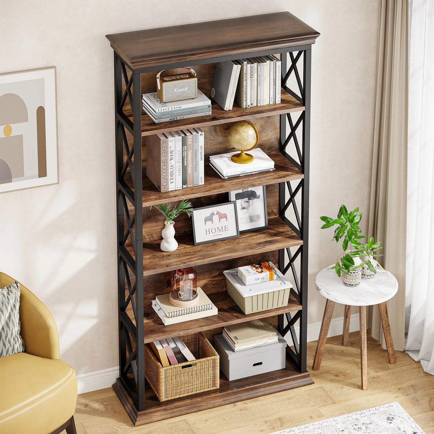 Tribesigns Industrial Wood Bookshelf Floor Standing Storage Shelves