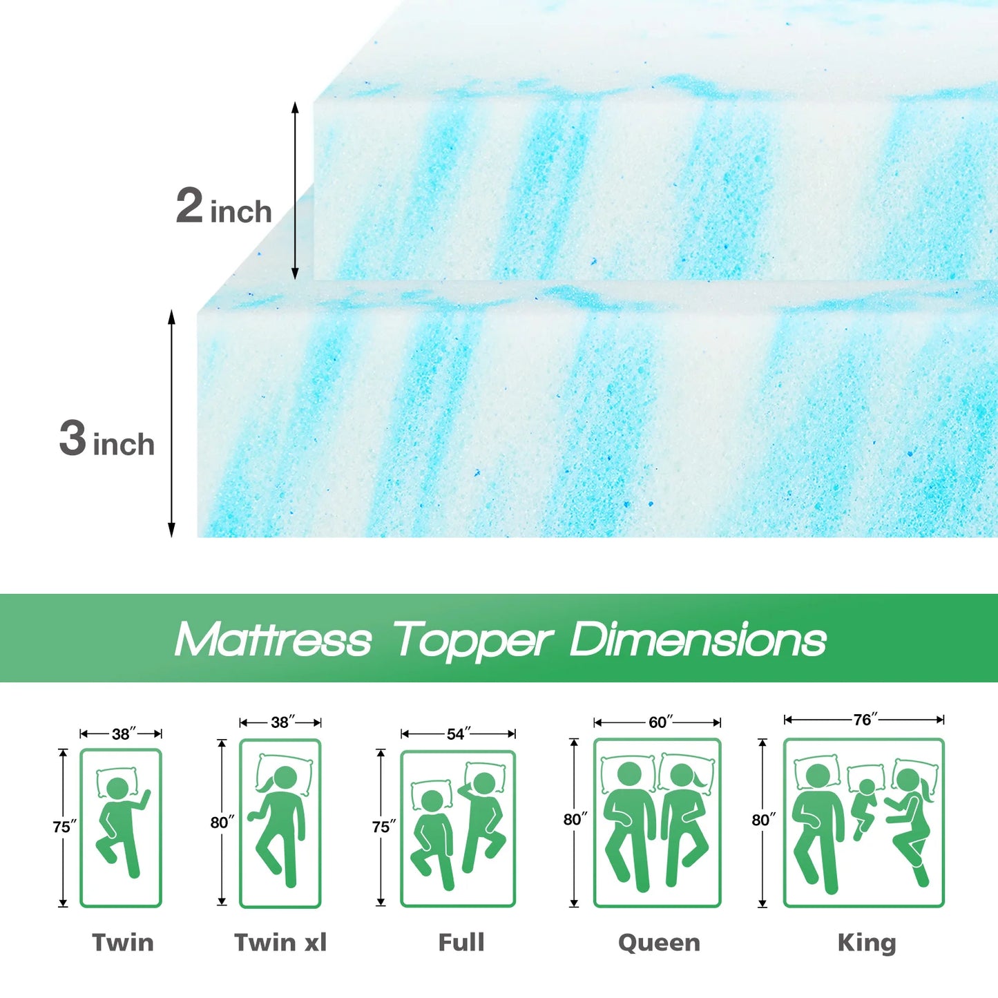 JHK Gel Memory Foam Mattress Topper Cooling Breathable