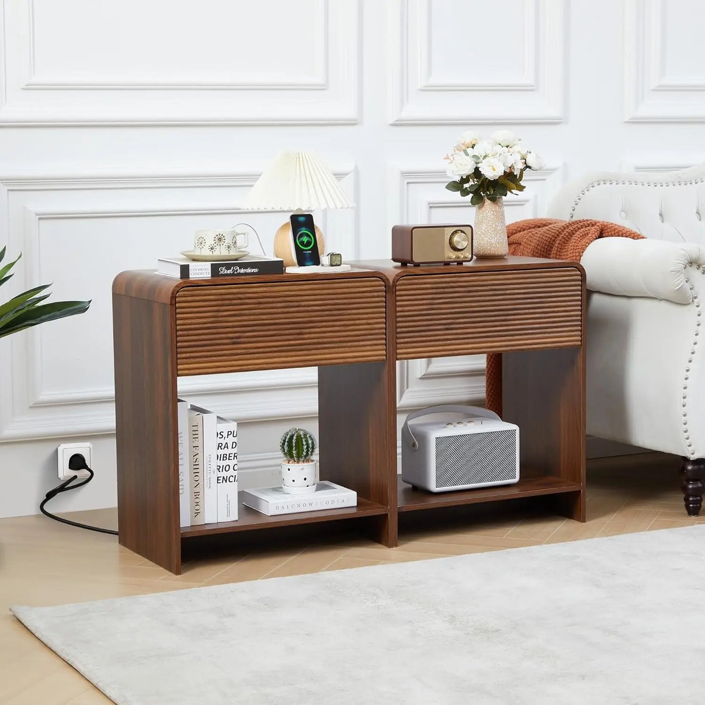 Fluted Nightstand Set Of 2 With Charging Station And Drawer