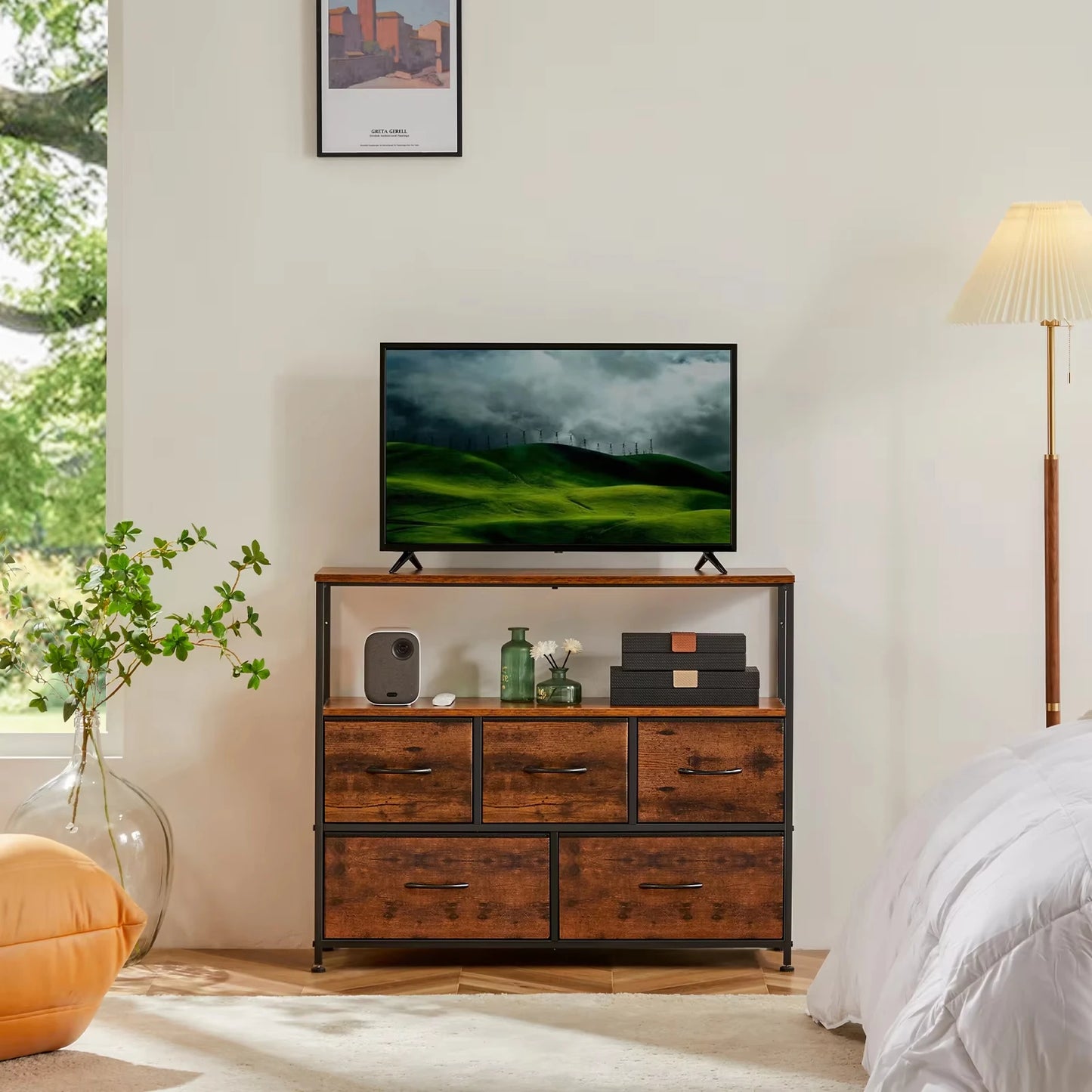 JHK Bedroom TV Stand Dresser With Fireplace Fabric Storage Drawers
