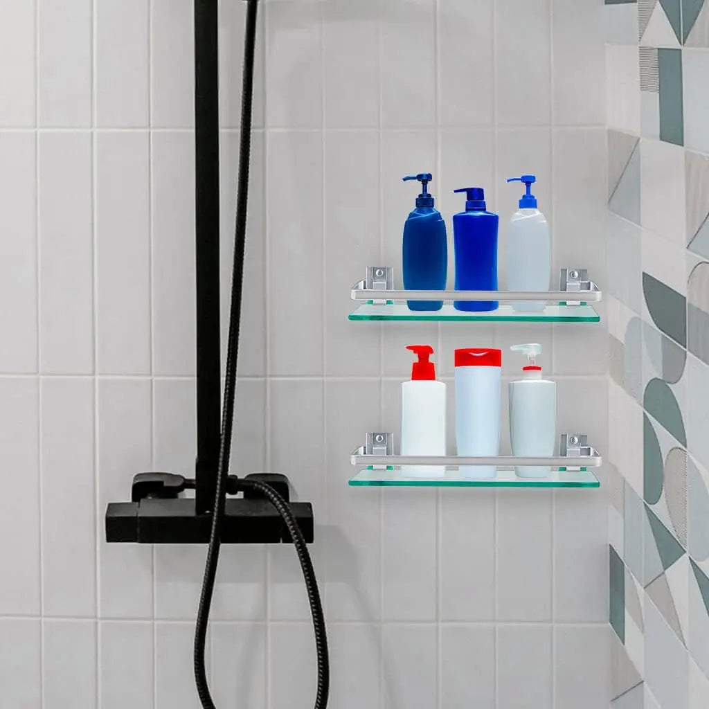 2 Pack Tempered Glass Bathroom Shelf With Rail Wall Mounted