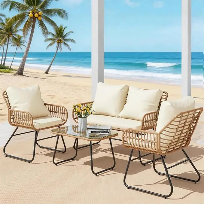 XIUWO 4 Piece Outdoor Patio Furniture Tempered Glass Table Cushions
