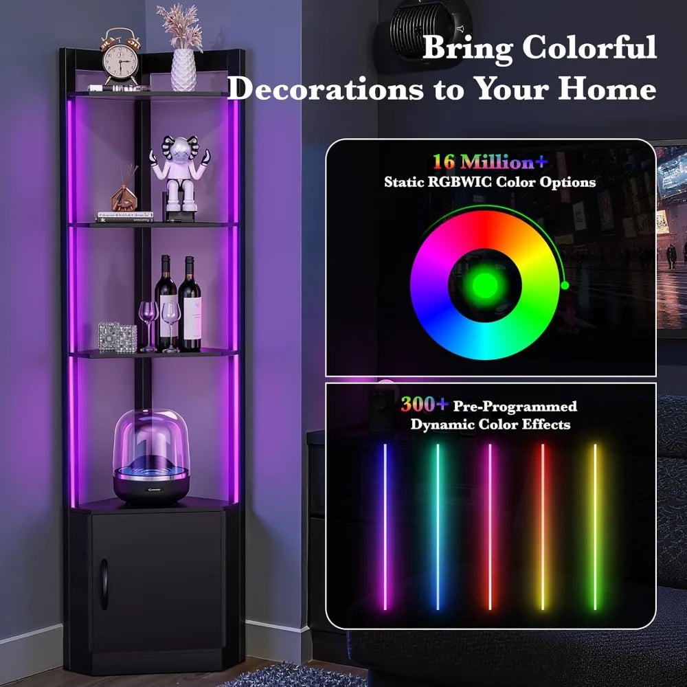 Corner Display Cabinet With RGB LED Lights And Remote Control