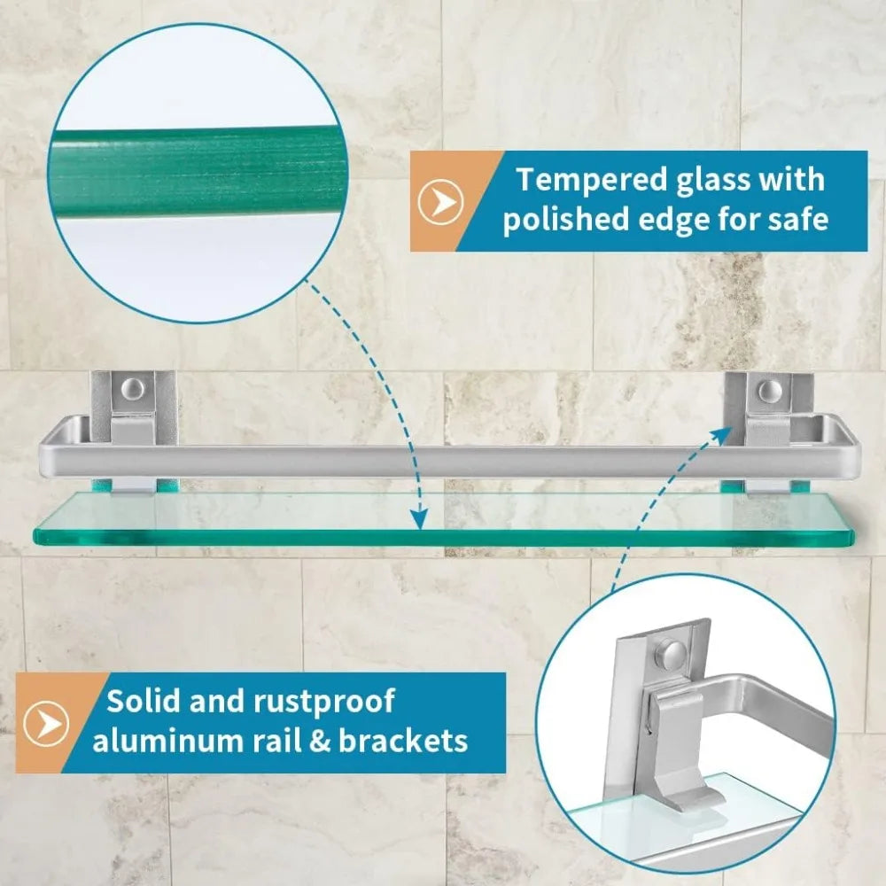 2 Pack Tempered Glass Bathroom Shelf With Rail Wall Mounted