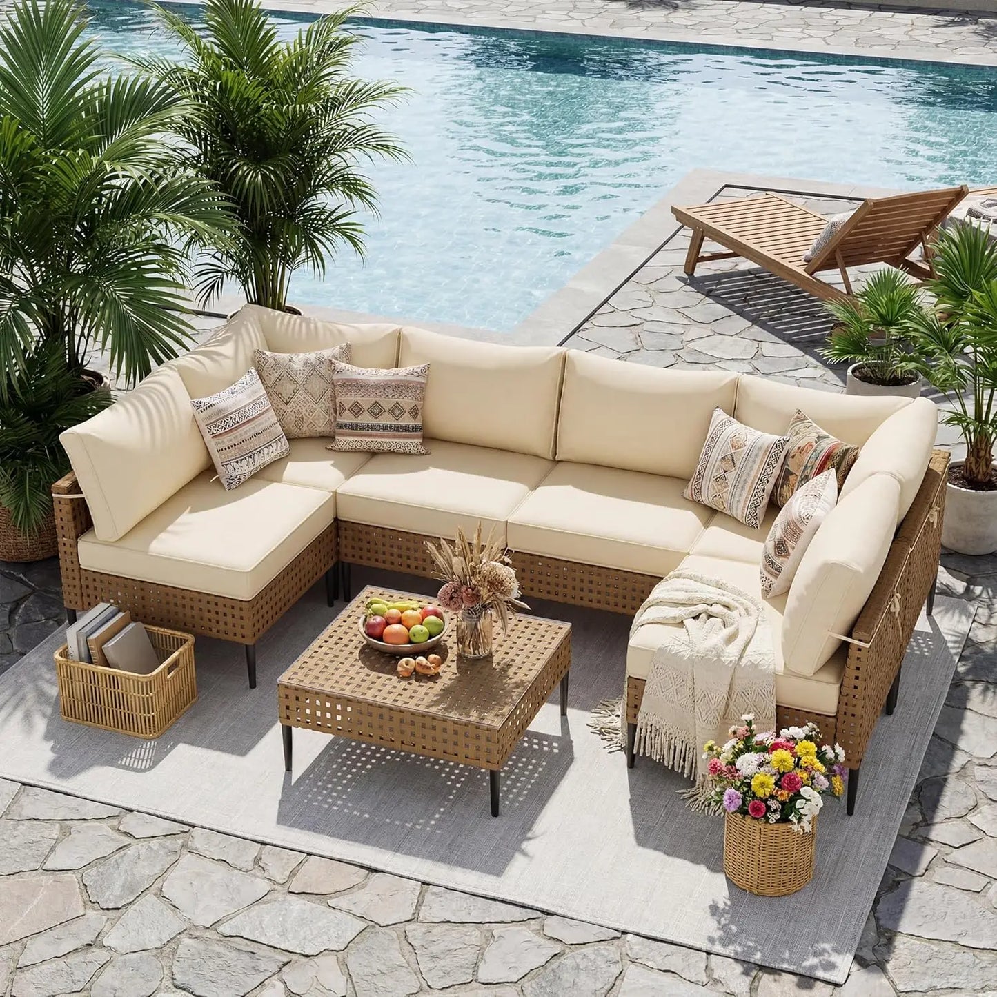 Modern Bamboo Modular Patio Sectional Sofa Set With Glass Table
