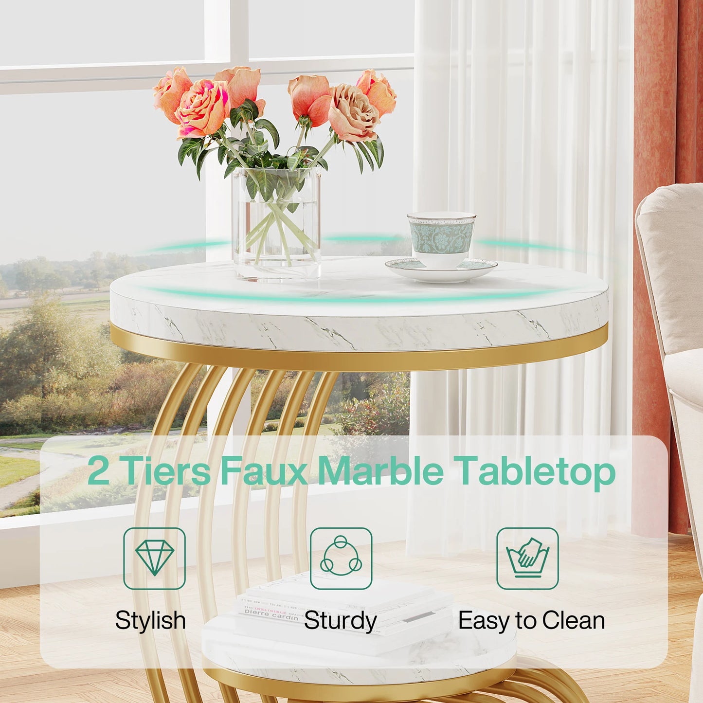 Tribesigns Gold Round End Table Two Tiers Faux Marble Storage