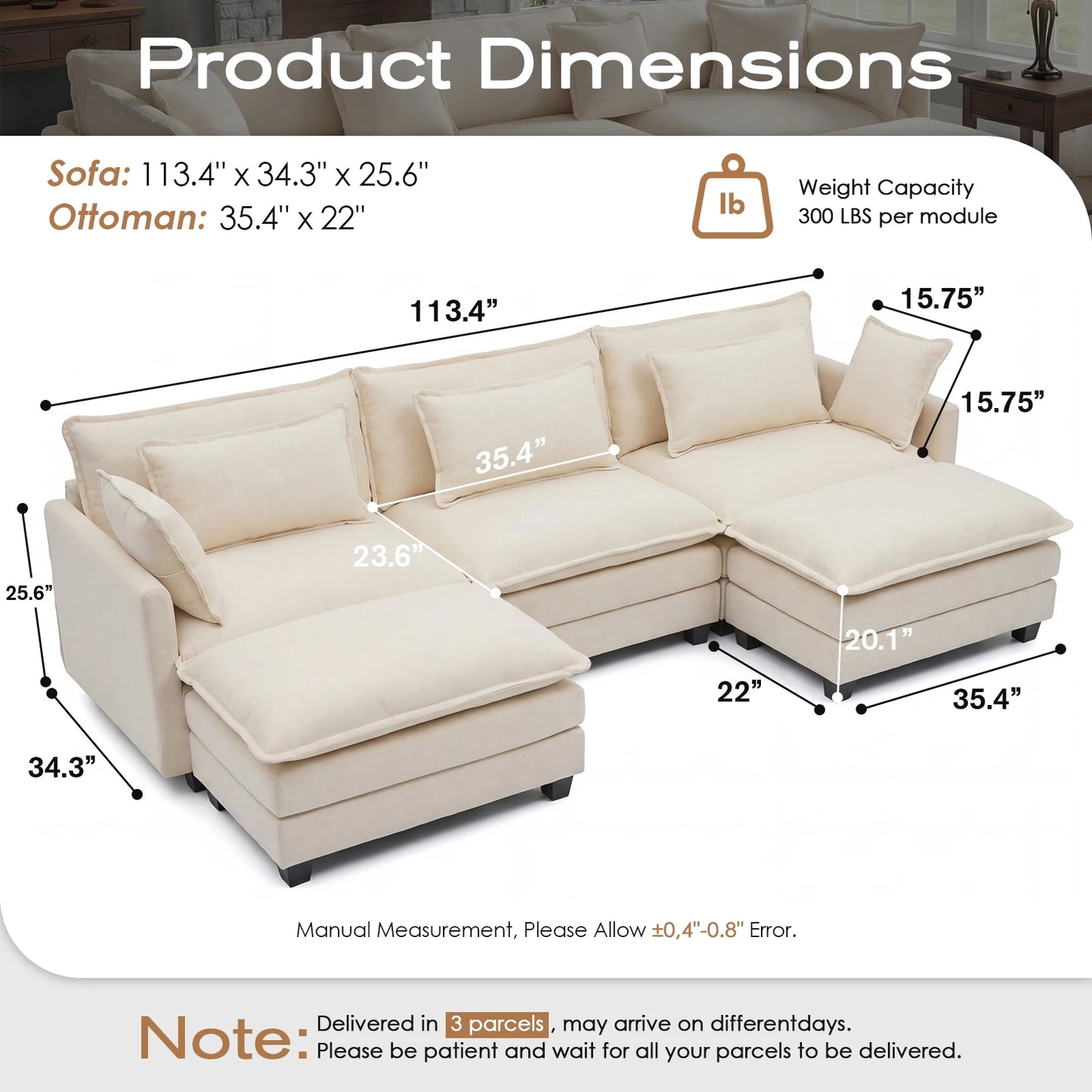 Modular Sectional Sofa With Ottoman And Solid Wood Frame