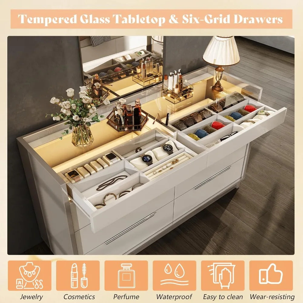 XMSJ 8 Drawer Dresser With LED Light And Glass Top