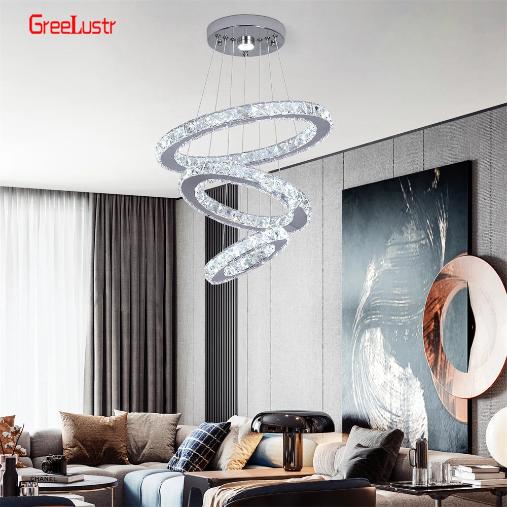 GreeLustr Modern Crystal Chrome Led Pendant Light Adjustable Ring Chandelier