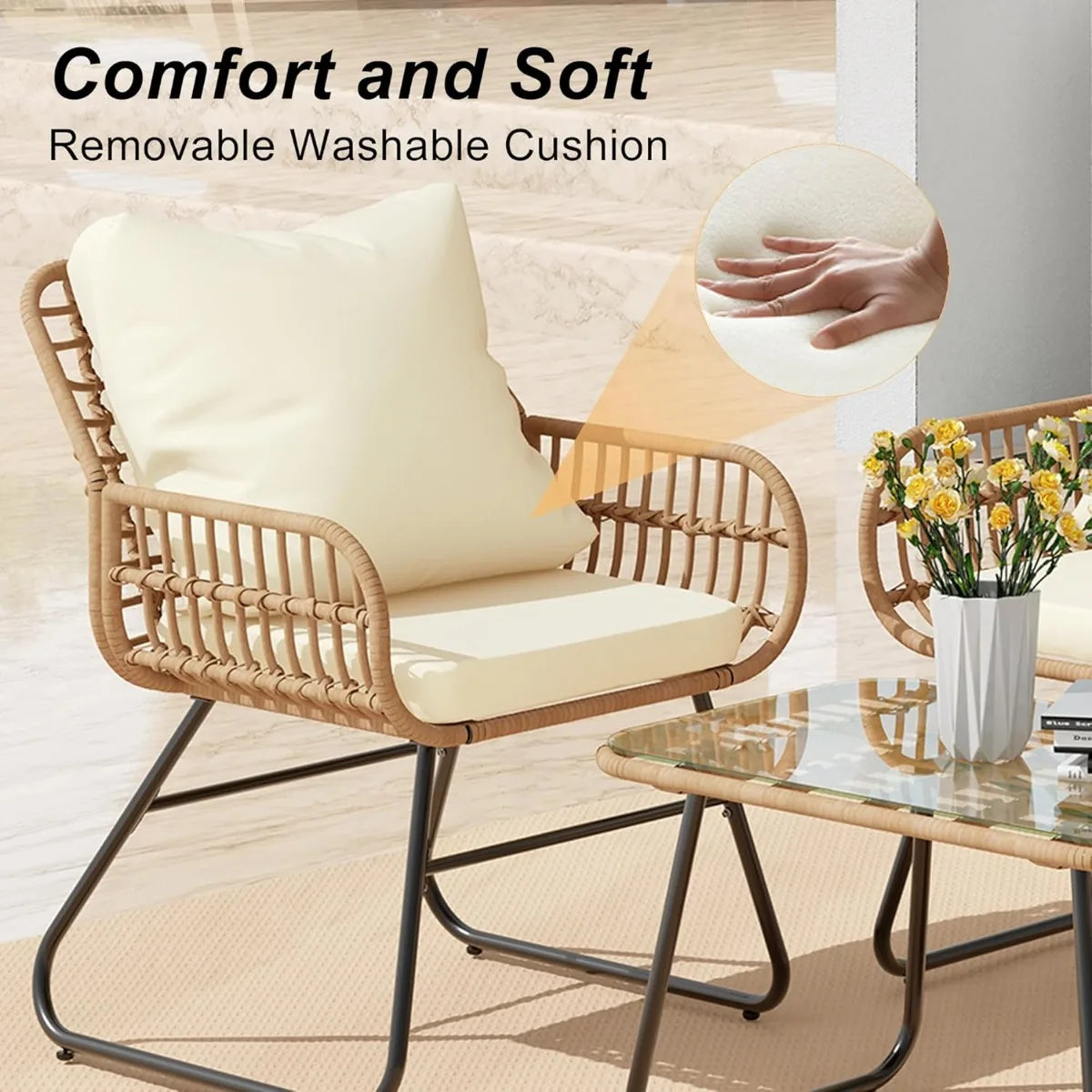XIUWO 4 Piece Outdoor Patio Furniture Tempered Glass Table Cushions