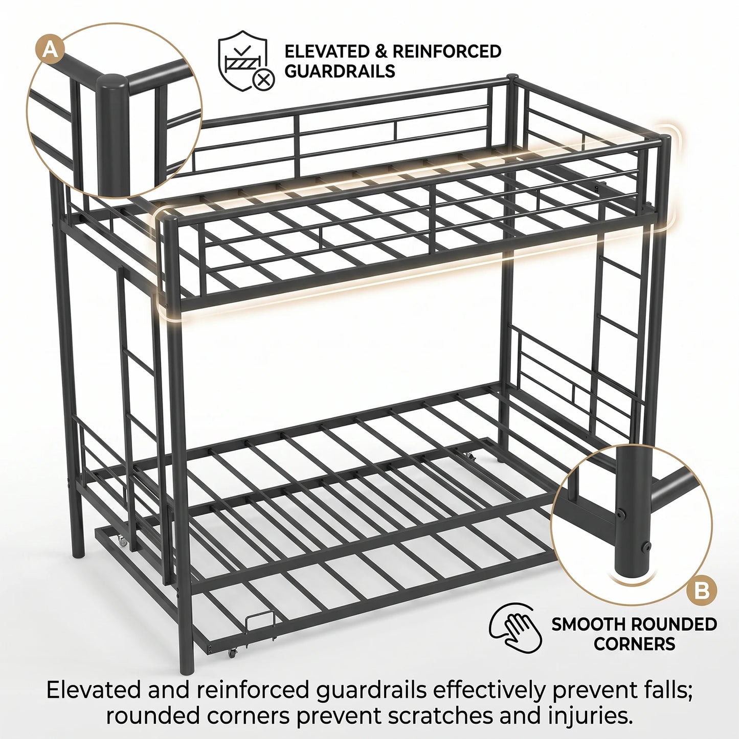 Twin Over Twin Bunk Bed With Trundle Dual Ladder Safety Rails Metal Construction