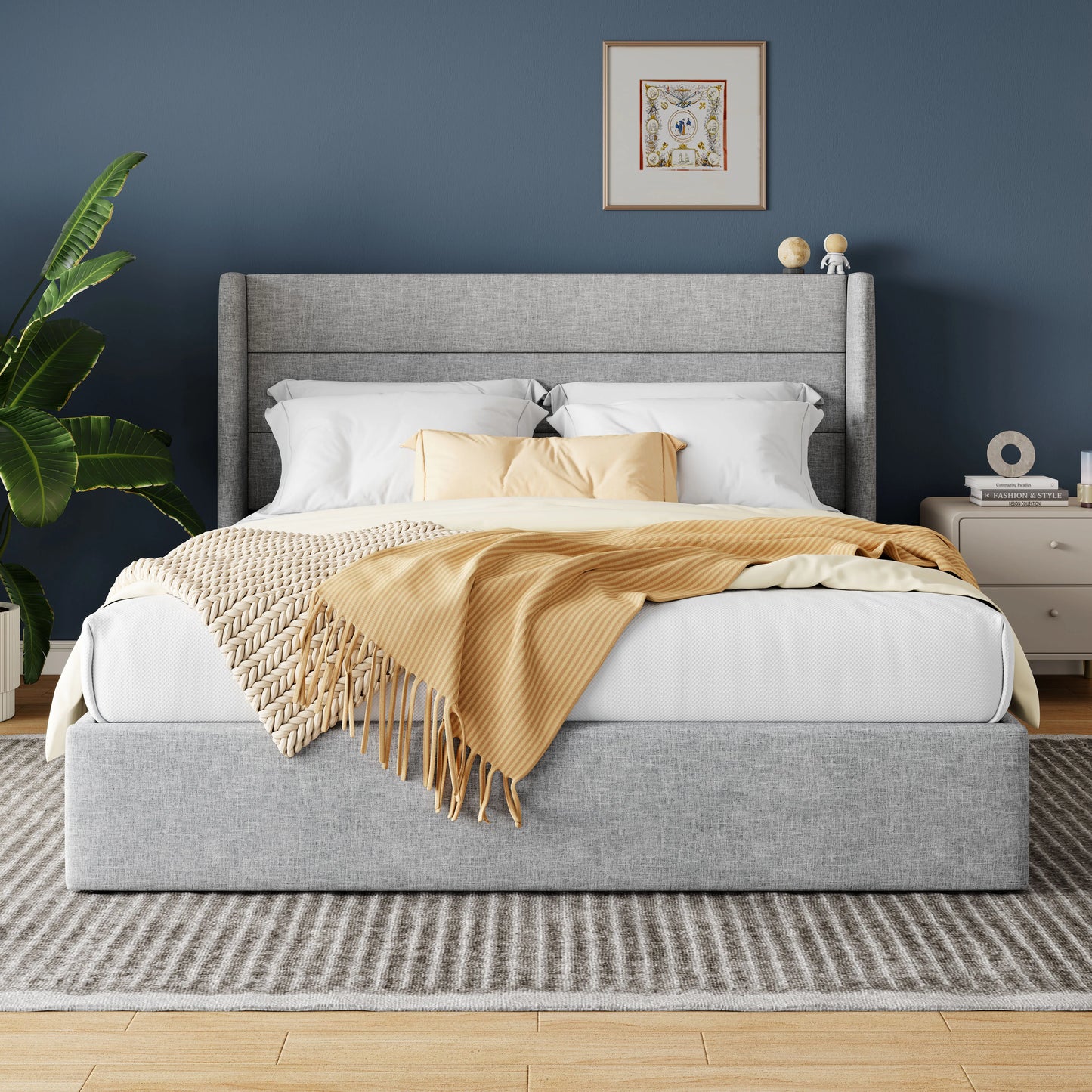 HOOMIC Lift Up Storage Bed With Wingback Headboard Underbed Storage