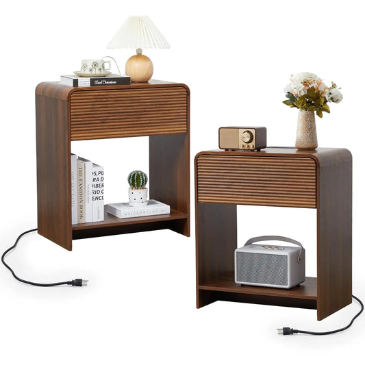 Fluted Nightstand Set Of 2 With Charging Station And Drawer