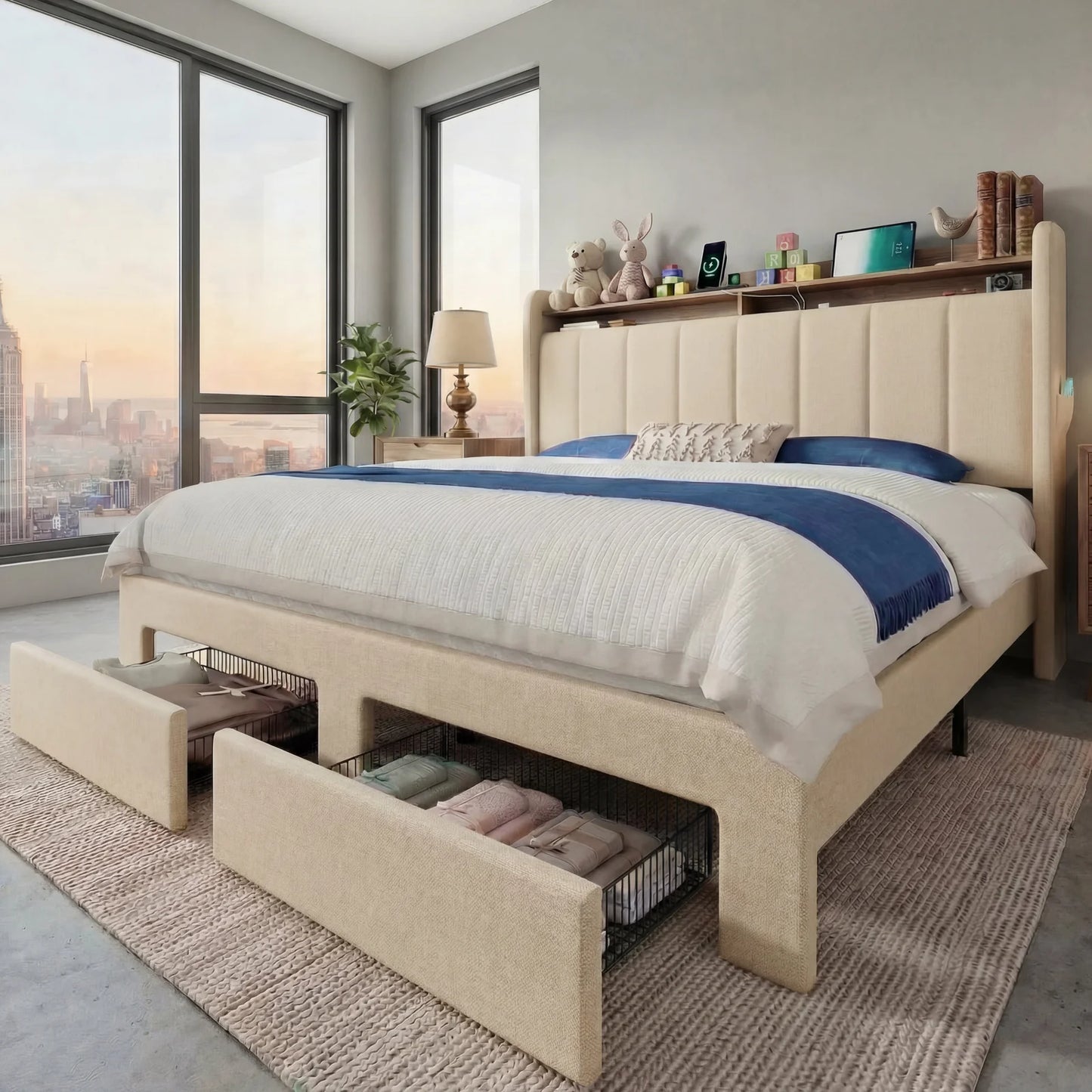 HOOMIC Bed Frame With Storage Drawers Shelves LED Lights Charging