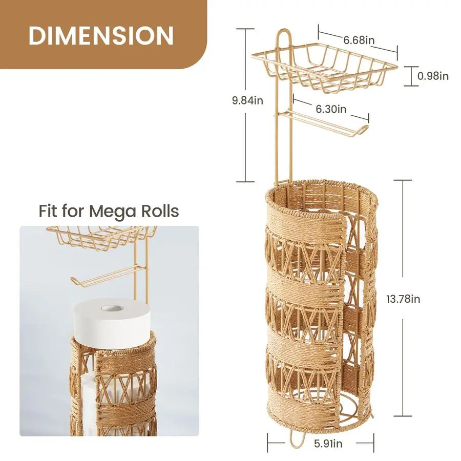XMSJ Handmade Rattan Toilet Paper Holder Stand for Mega Rolls