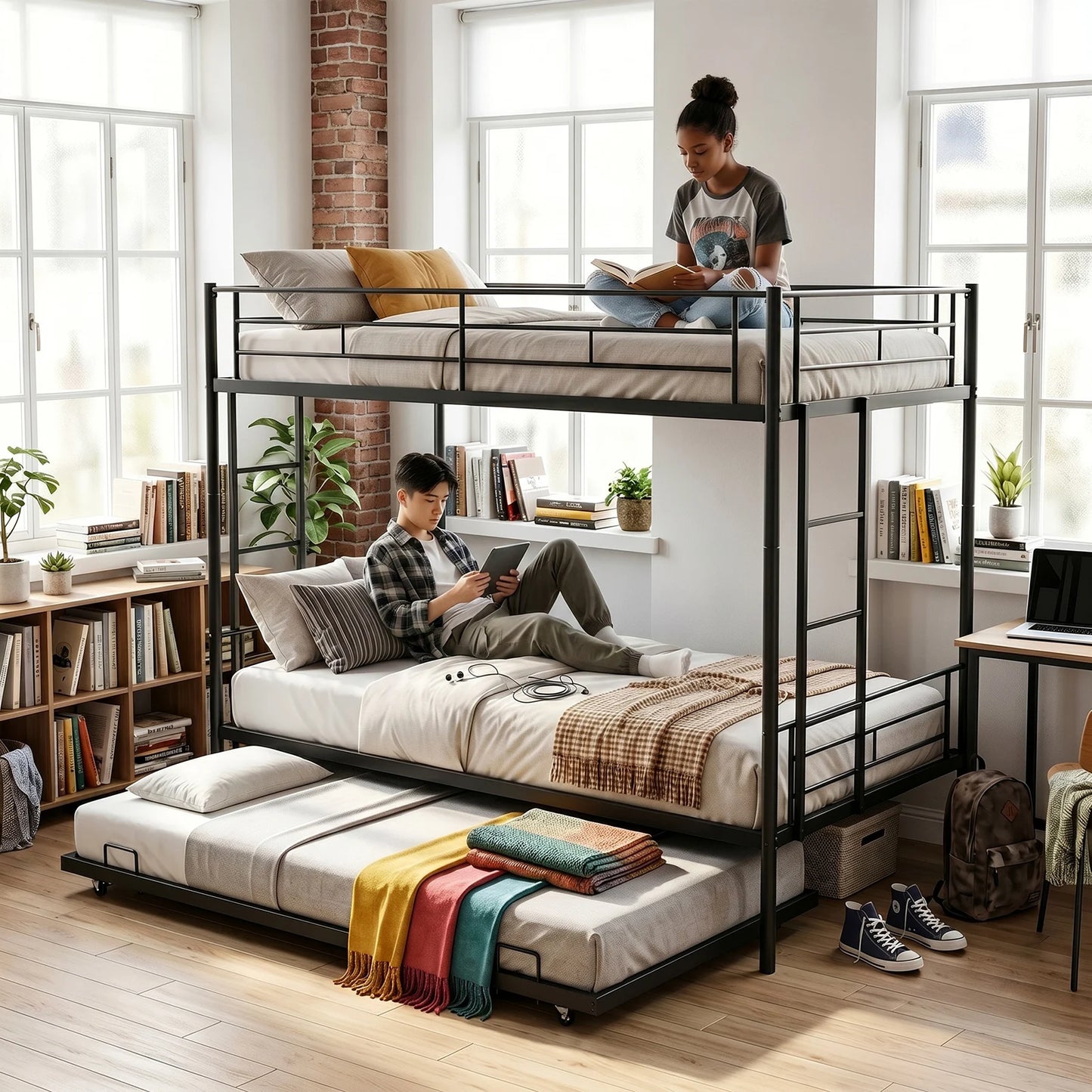 Twin Over Twin Bunk Bed With Trundle Dual Ladder Safety Rails Metal Construction