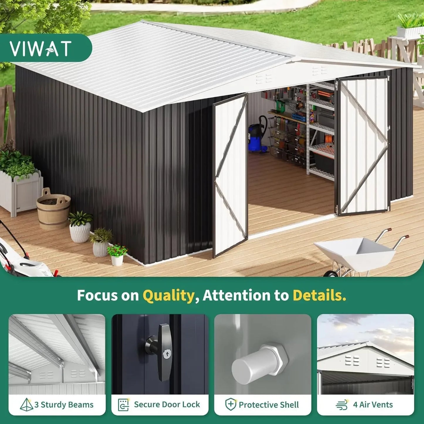 Outdoor Metal Storage Shed With Lockable Doors And Updated Frame