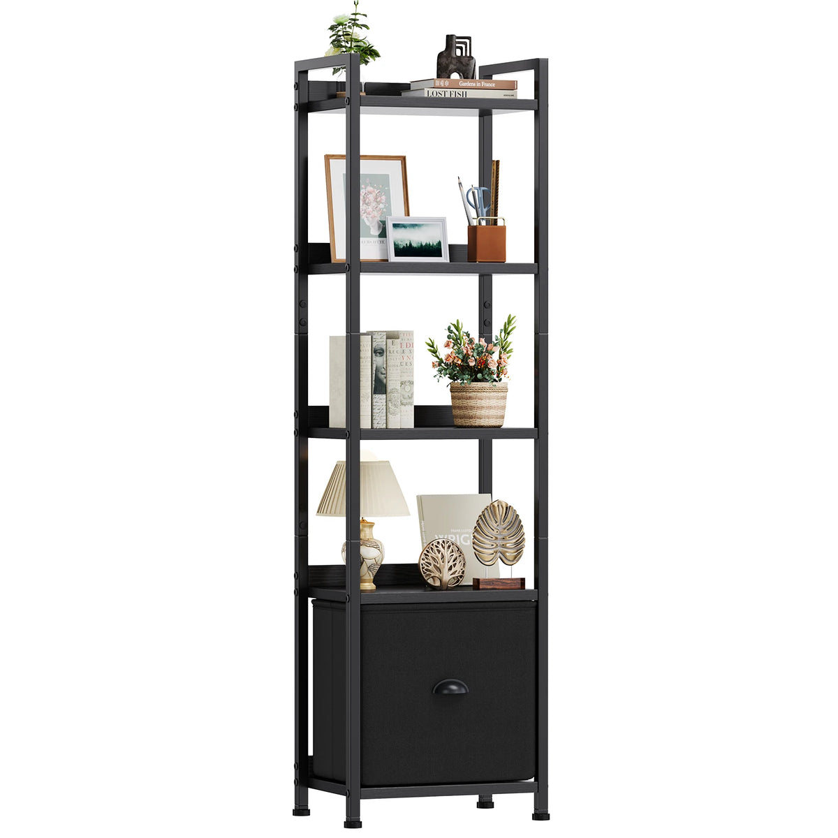 JHK Modern 5 Tier Wood Bookshelf Storage Organizer Fabric Drawer