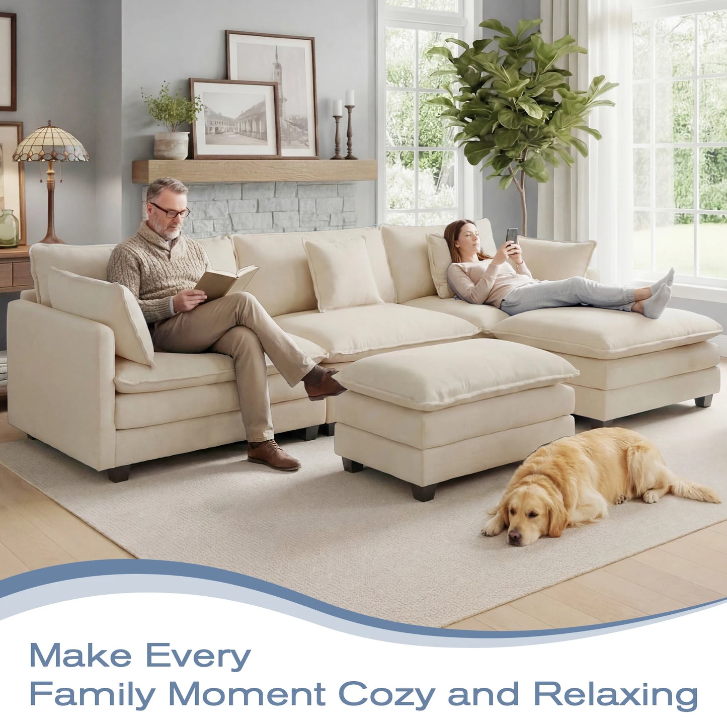 Modular Sectional Sofa With Ottoman And Solid Wood Frame