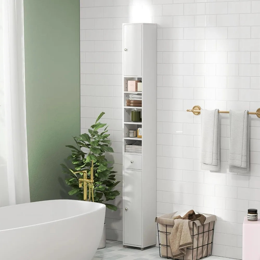 Wooden Bathroom Cabinet With Drawer Two Doors Five Open Shelves