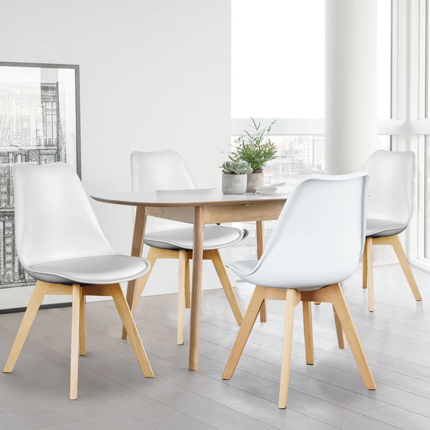 JHK PU Leather Dining Chair Set 4 With Wooden Legs
