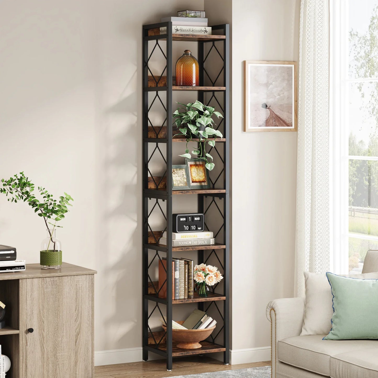 Tribesigns 7 Tier Tall Narrow Wood Bookshelf Freestanding Small Spaces