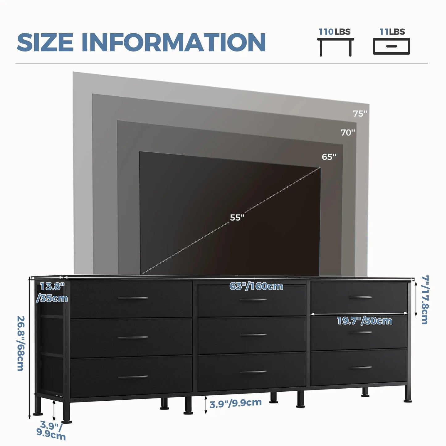 JHK Metal Frame Living Room Entertainment Center With Fabric Drawers