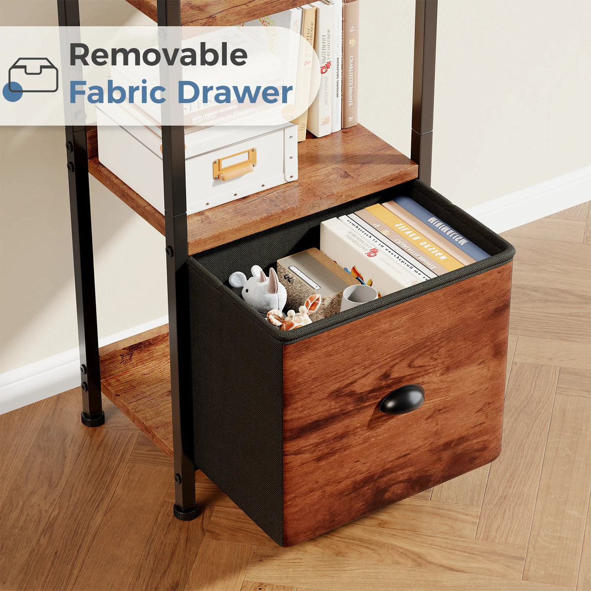 JHK Modern 5 Tier Wood Bookshelf Storage Organizer Fabric Drawer