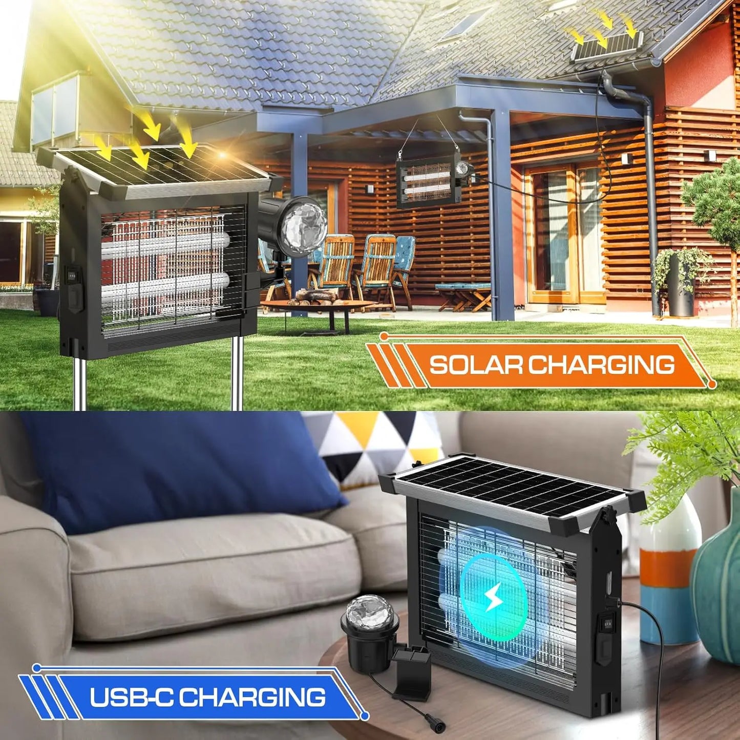 Solar Bug Zapper 4500V 2-In-1 Rechargeable With Projection Light IP66
