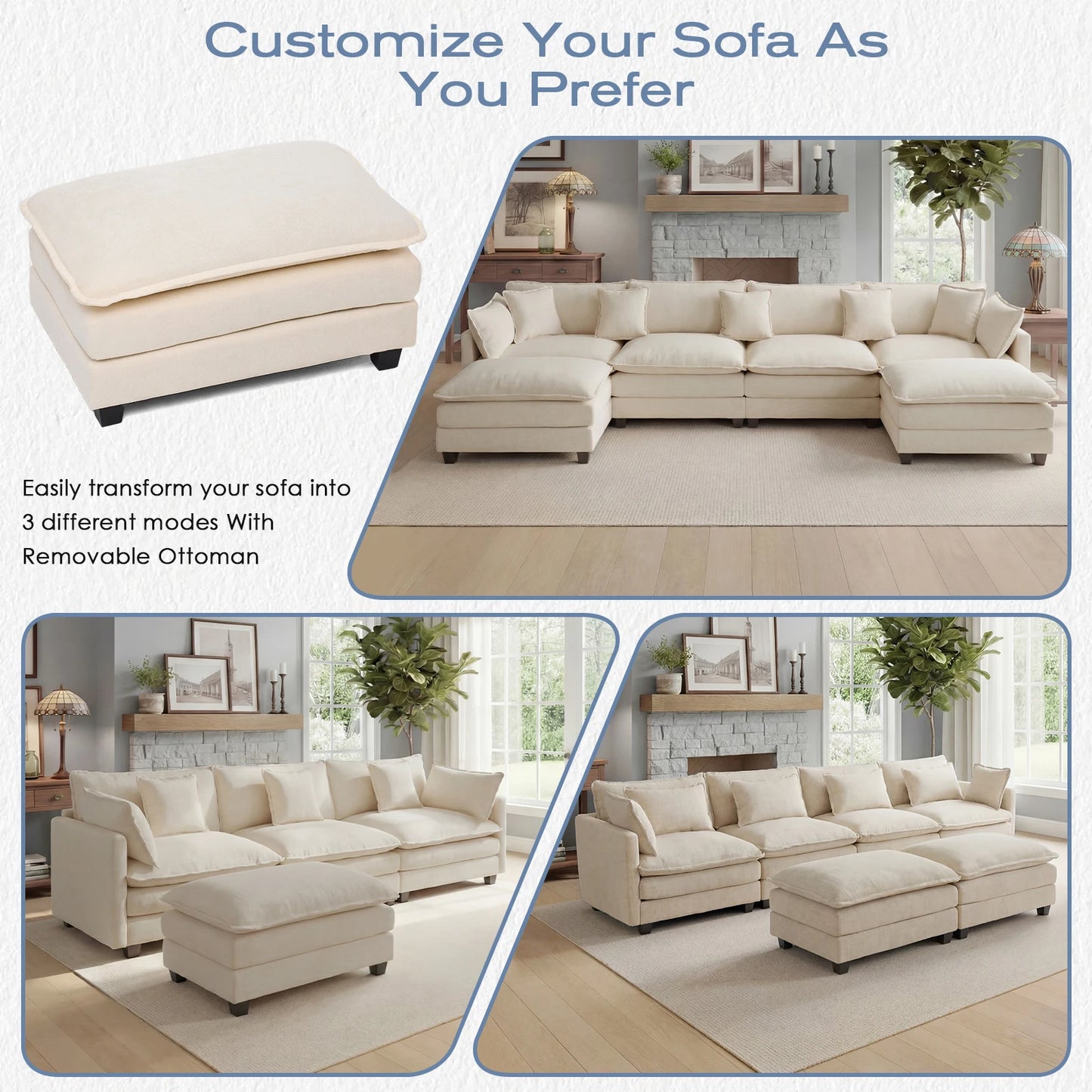 Modular Sectional Sofa With Ottoman And Solid Wood Frame