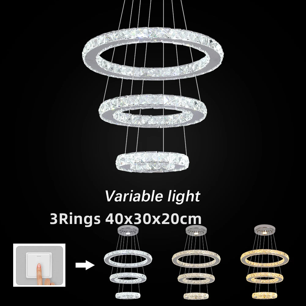 GreeLustr Modern Crystal Chrome Led Pendant Light Adjustable Ring Chandelier