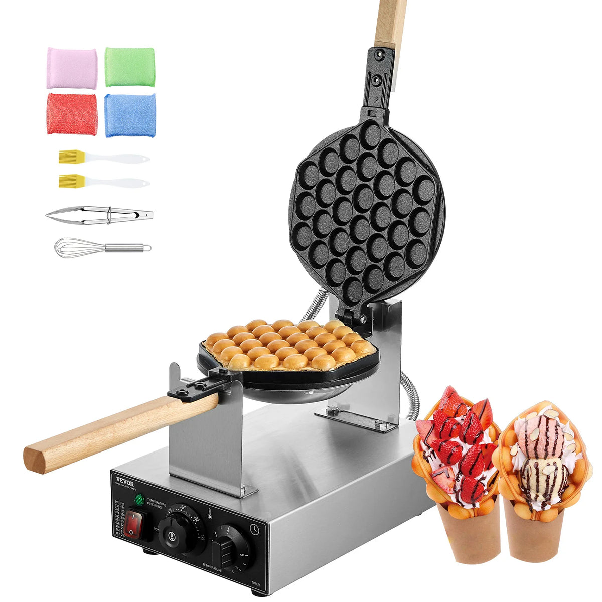 VEVOR Commercial Bubble Waffle Maker 1400W Stainless Steel Wooden Handle