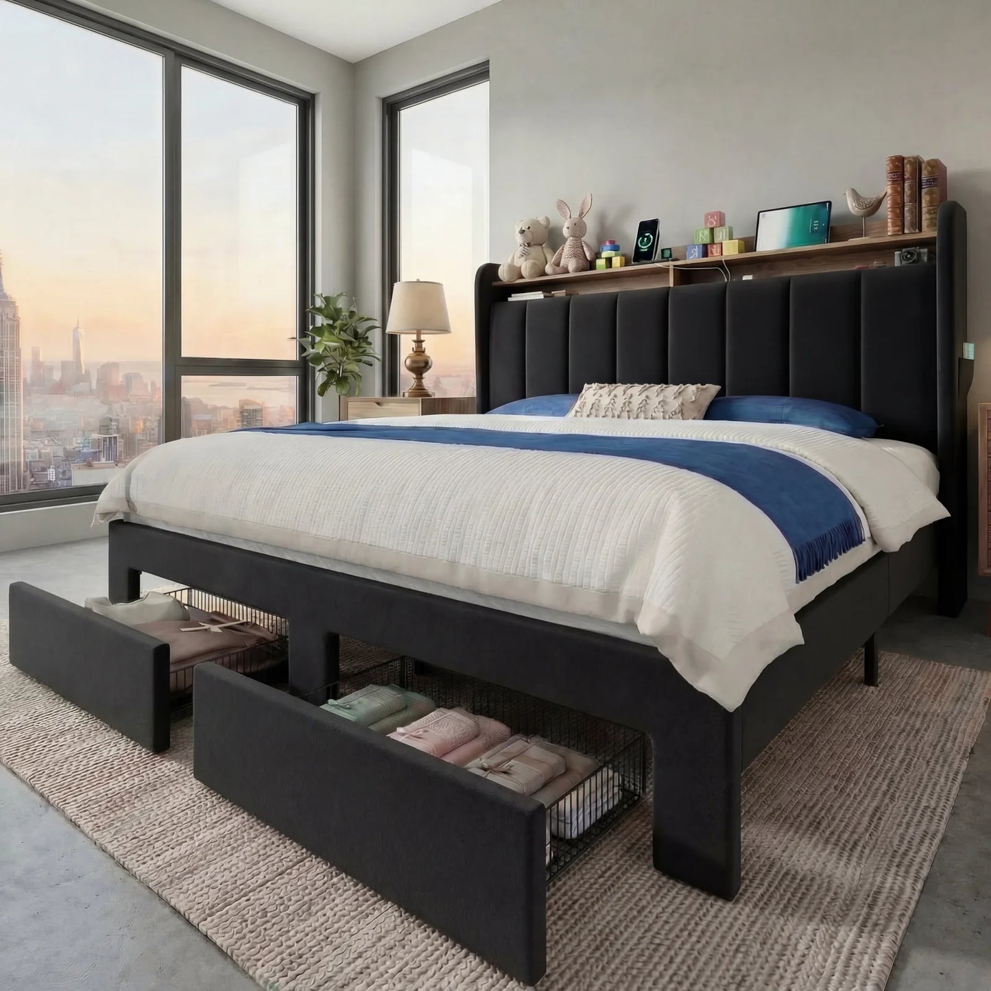 HOOMIC Bed Frame With Storage Drawers Shelves LED Lights Charging