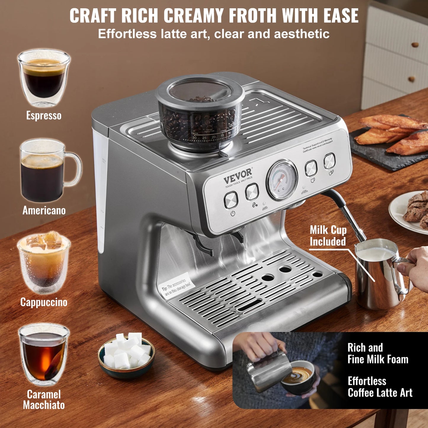 Vevor Semi Automatic Espresso Machine Grinder 15 Bar Milk Frother