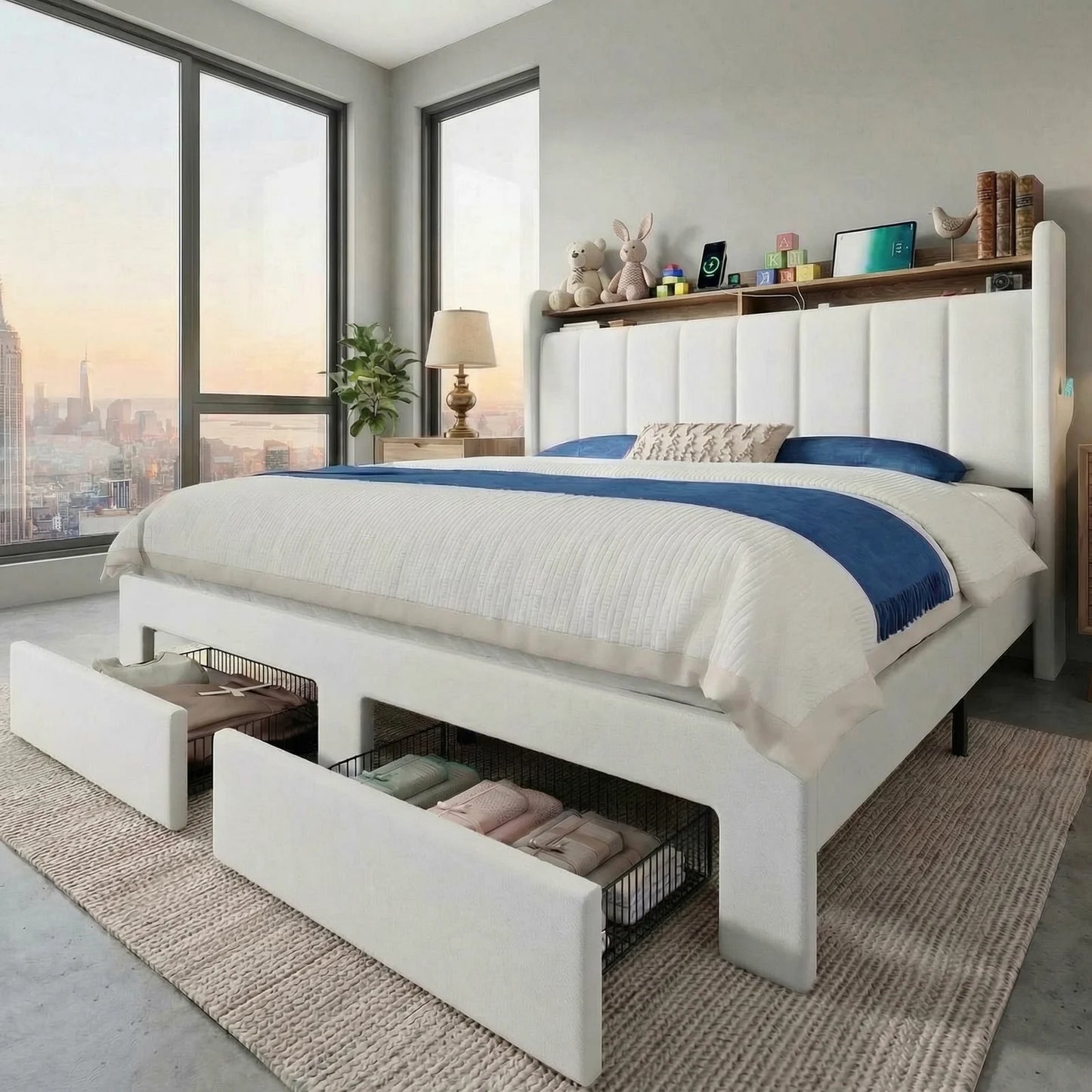 HOOMIC Bed Frame With Storage Drawers Shelves LED Lights Charging