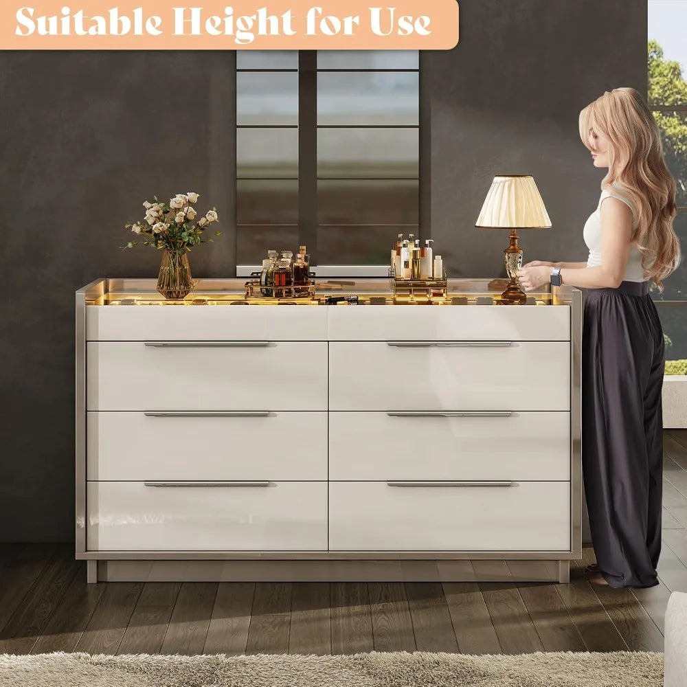 XMSJ 8 Drawer Dresser With LED Light And Glass Top