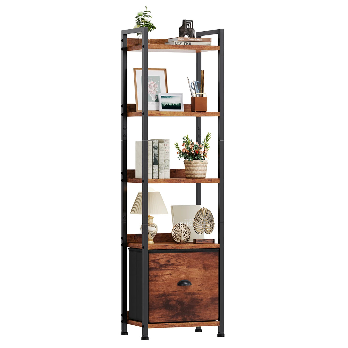 JHK Modern 5 Tier Wood Bookshelf Storage Organizer Fabric Drawer
