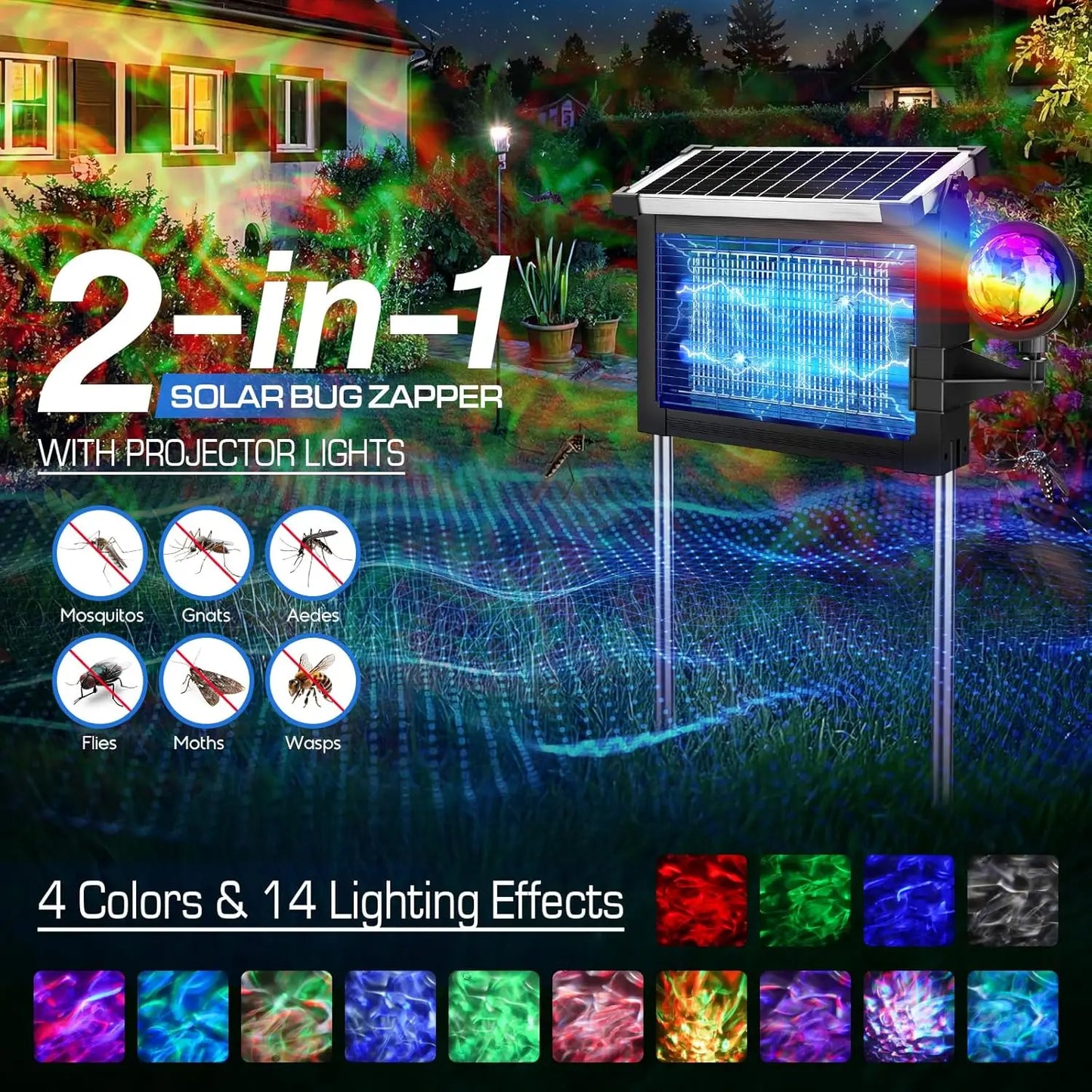 Solar Bug Zapper 4500V 2-In-1 Rechargeable With Projection Light IP66