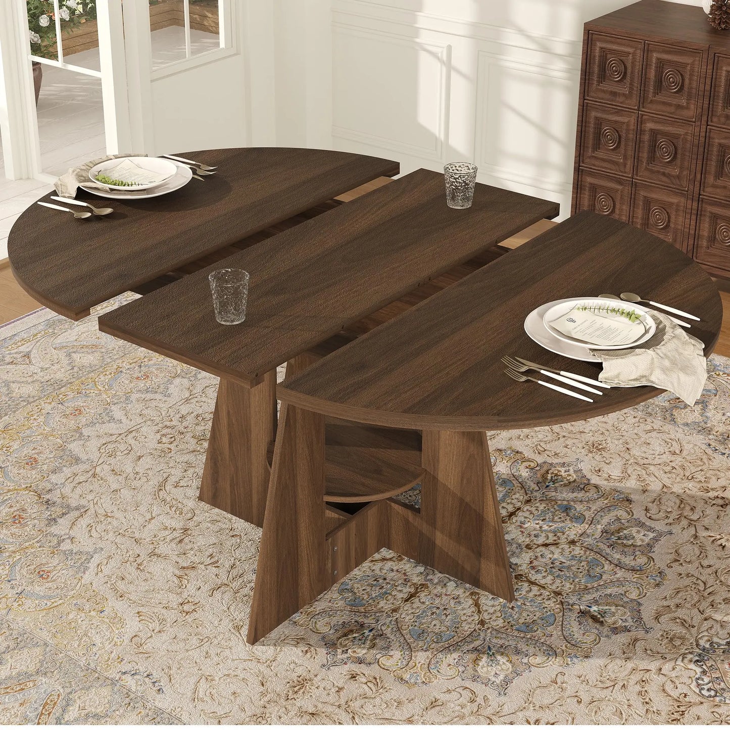 HiMISS Extendable Round Dining Table with Storage Pedestal Base