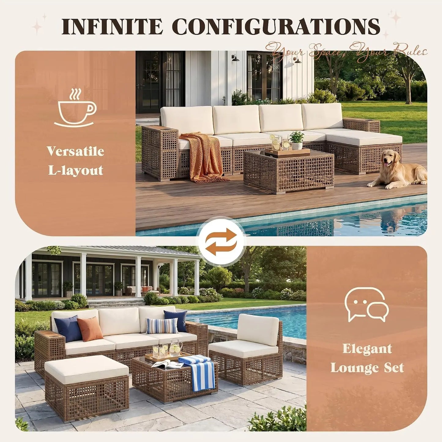 Outdoor Patio Wicker Sectional Sofa Set Cup Holder Glass Table