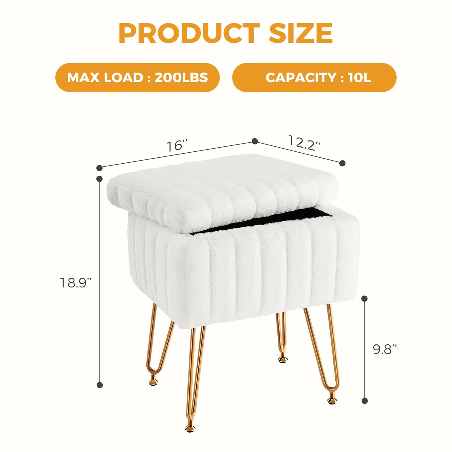JHK Faux Fur Storage Ottoman Metal Legs For Living Room