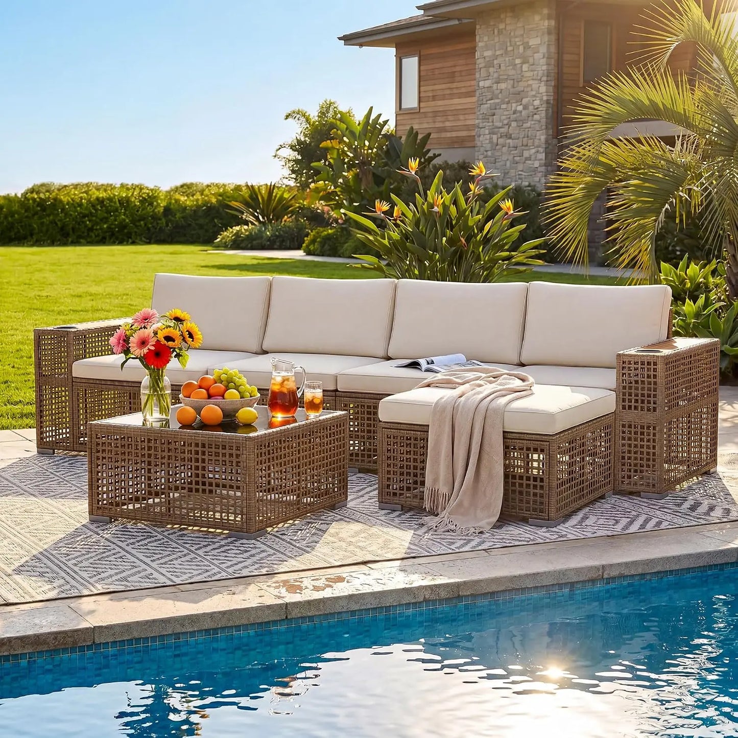 Outdoor Patio Wicker Sectional Sofa Set Cup Holder Glass Table