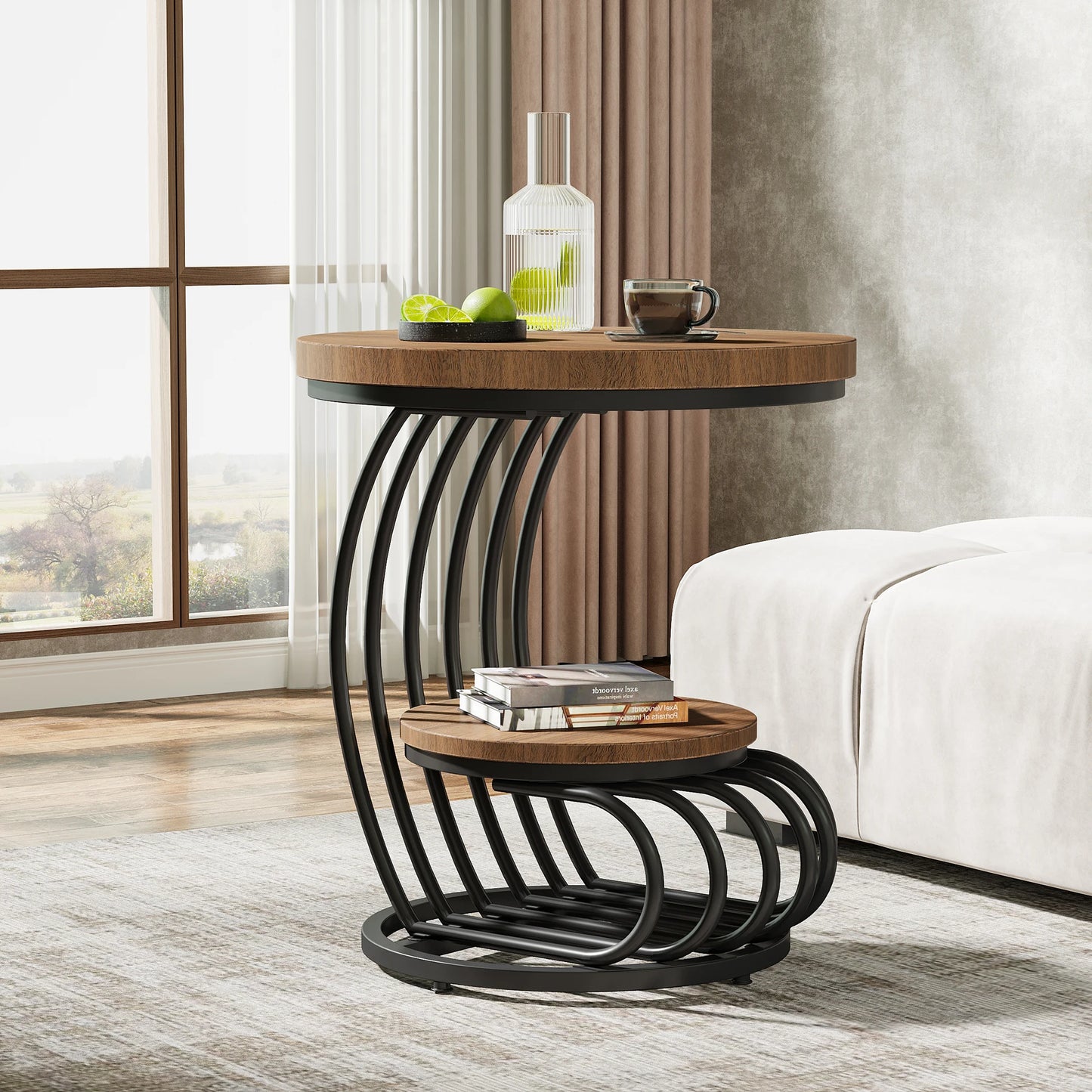 Tribesigns Gold Round End Table Two Tiers Faux Marble Storage