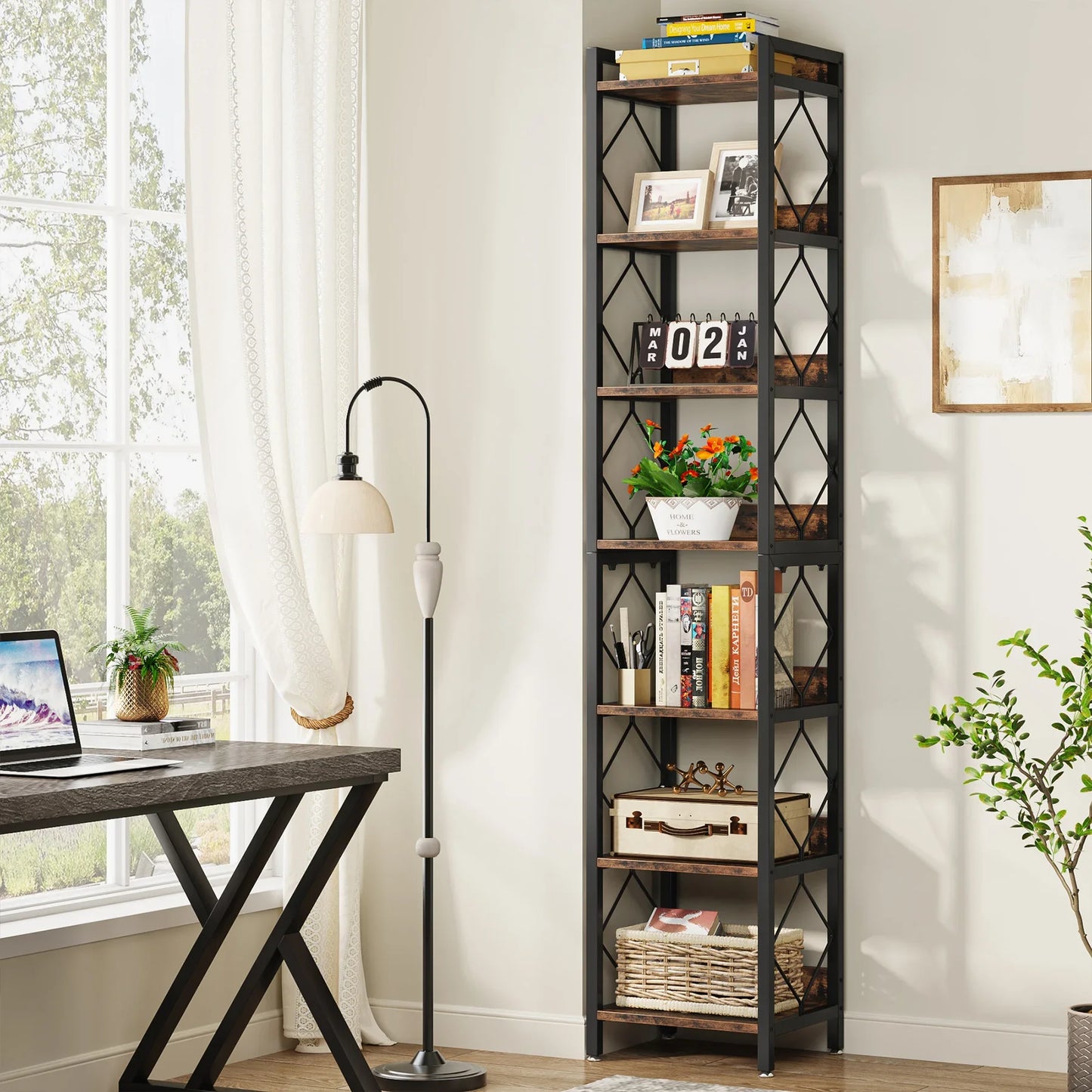 Tribesigns 7 Tier Tall Narrow Wood Bookshelf Freestanding Small Spaces