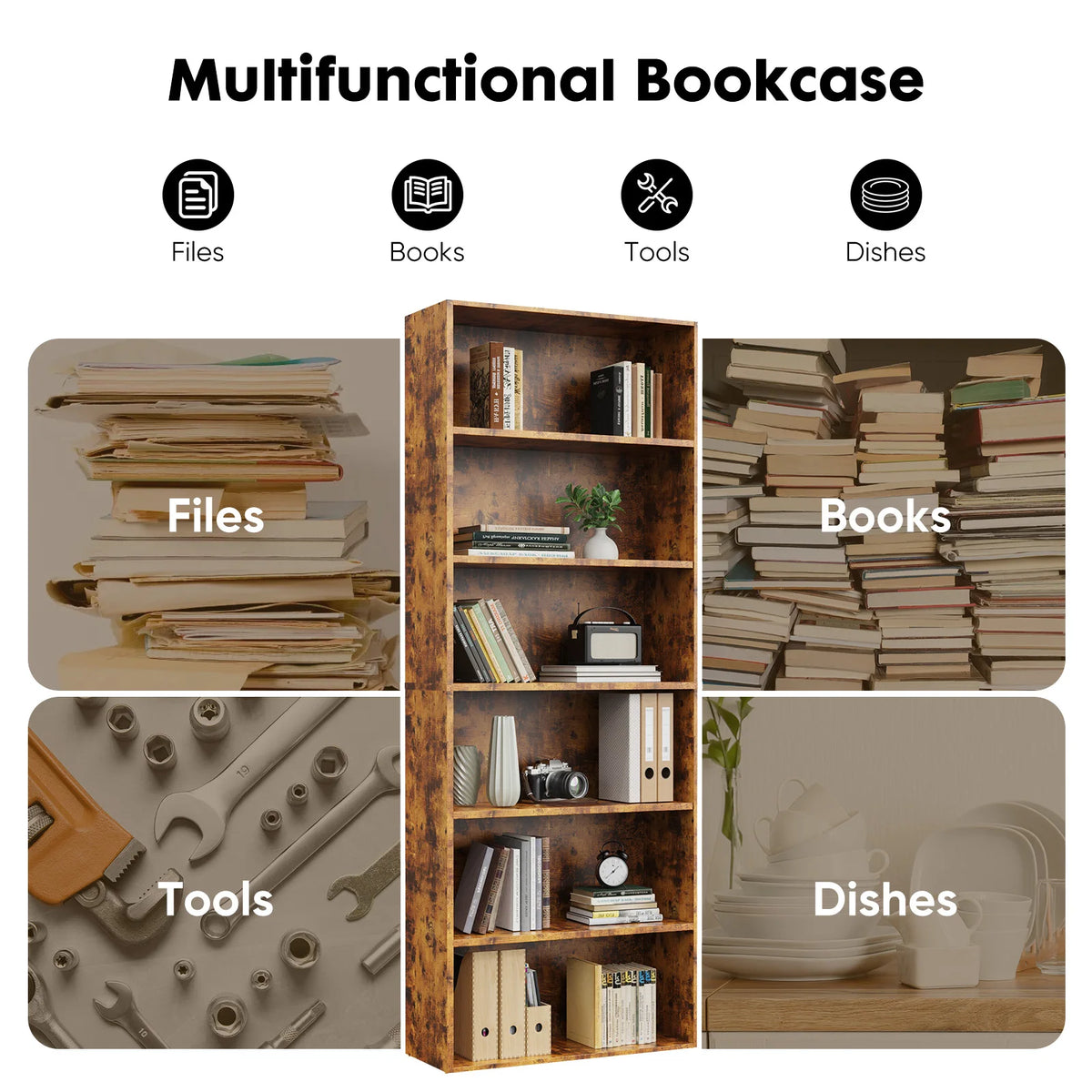 JHK Wooden Bookcase Floor Standing Open Shelf For Home Office