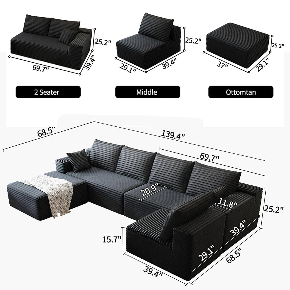 YQXH Cloud Style Sectional Sofa With Corduroy Cover And Memory Foam Cushions