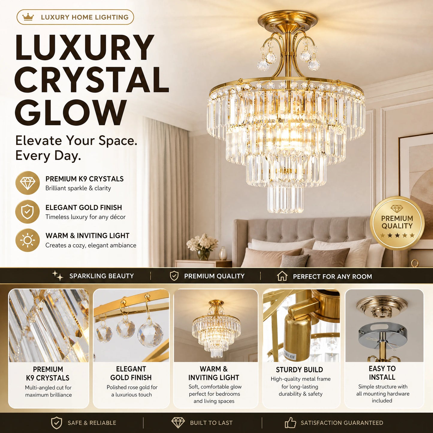 Luxury Crystal Ceiling Light Semi Flush Mount Dimmable Lighting Chandelier